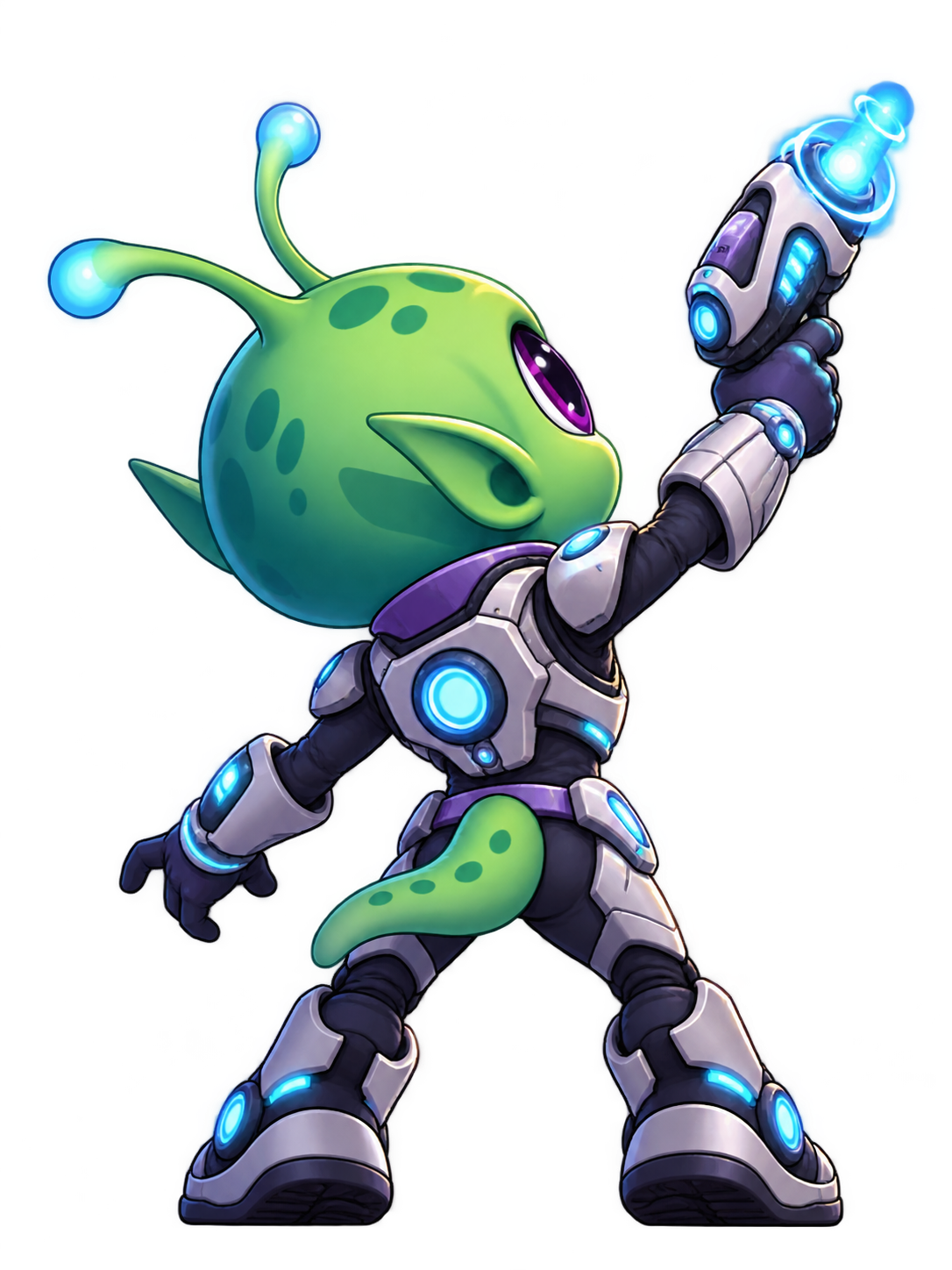 Green alien hero aiming a glowing neon blaster toward Earth